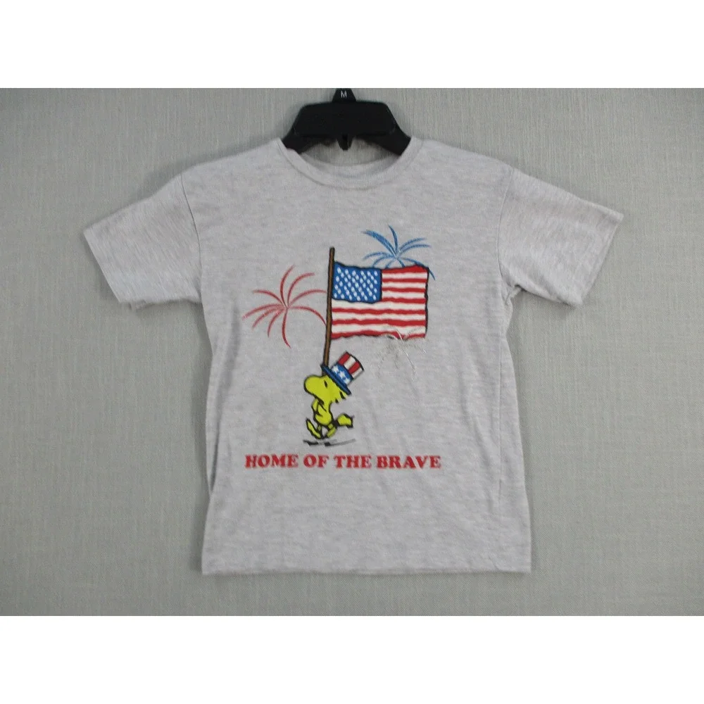 Peanuts‎ Woodstock Boys T Shirt Grey Patriotic American Flag Home of the Brave M